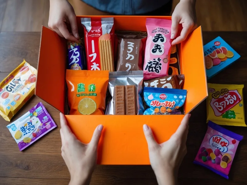 Mãos a abrir uma caixa surpresa cheia de snacks do Japão